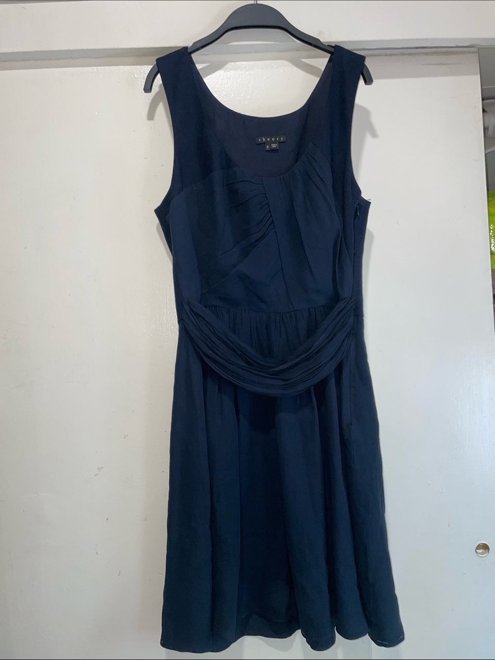 Theory Navy Blue Silk Chiffon Wool Ruched Mini Dress